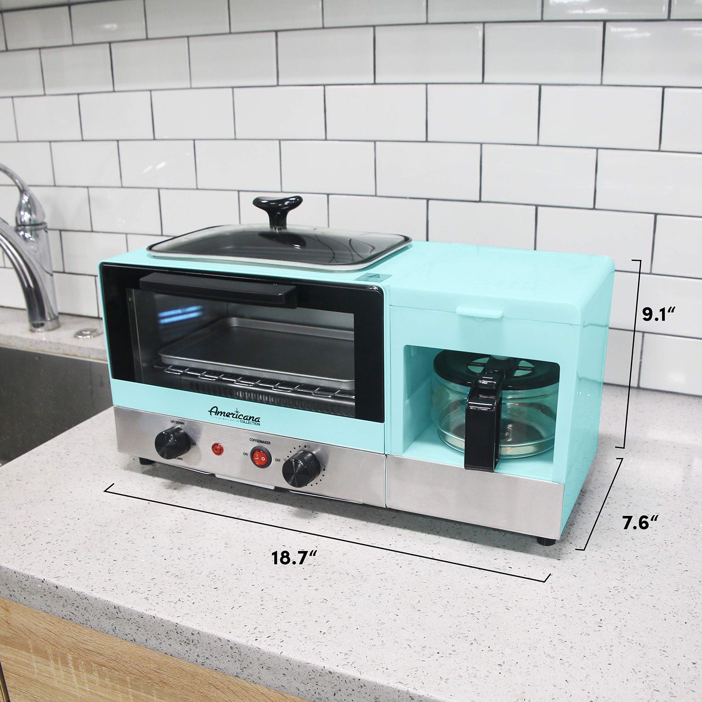 Elite Gourmet EBK8810BL# Americana 2 Slice, 9.5" Griddle with Glass Lid 3-in-1 Breakfast Center Station, 4-Cup Coffeemaker, Toaster Oven with 15-Min Timer, Heat Selector Mode, Blue