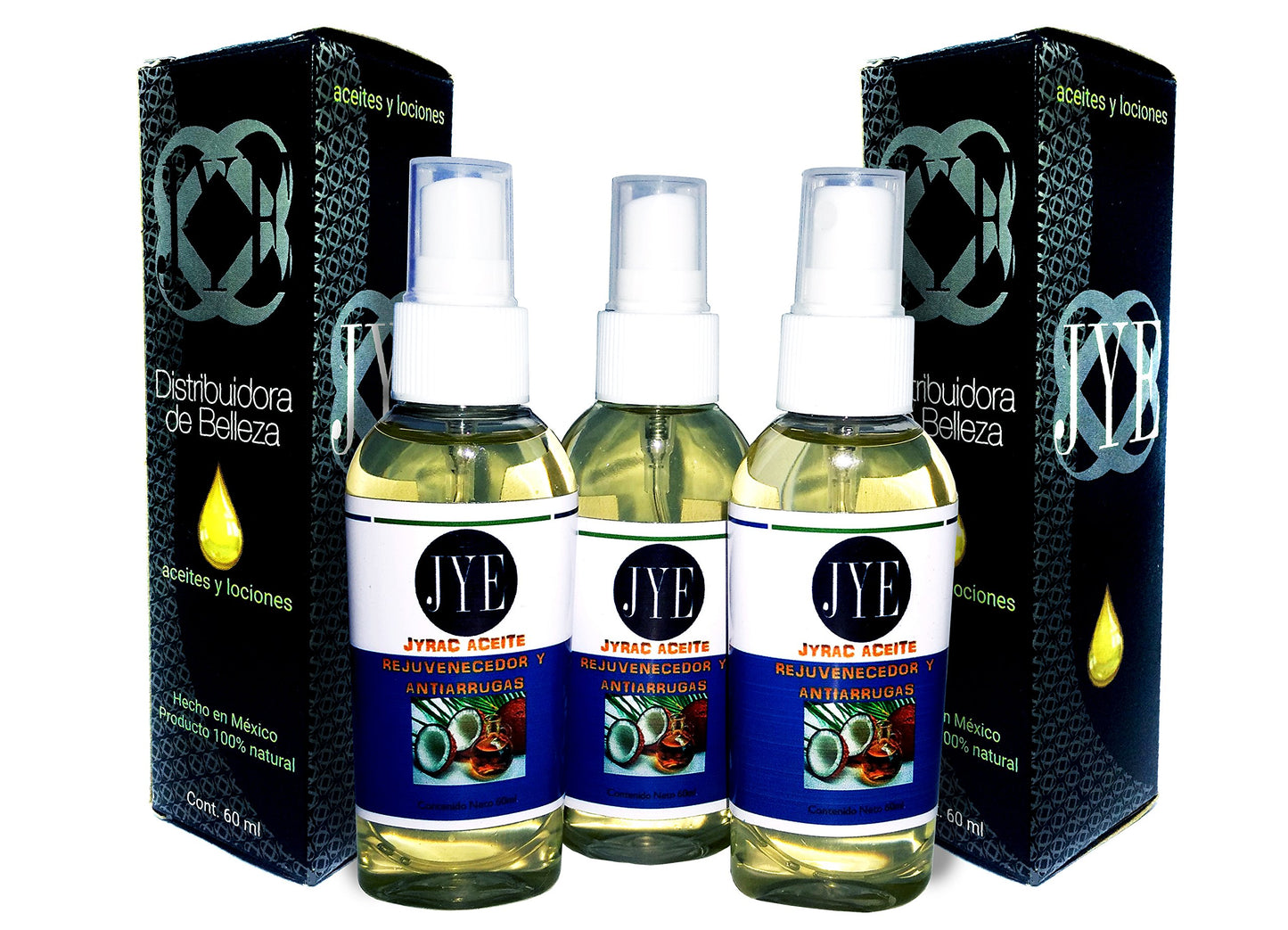 JYE Aceite de Coco JYE, Argan, Colágeno Natural Aceite natural de coco para Cuidado de la piel, tratamiento Antiarrugas, antiedad. Set de 3 frascos