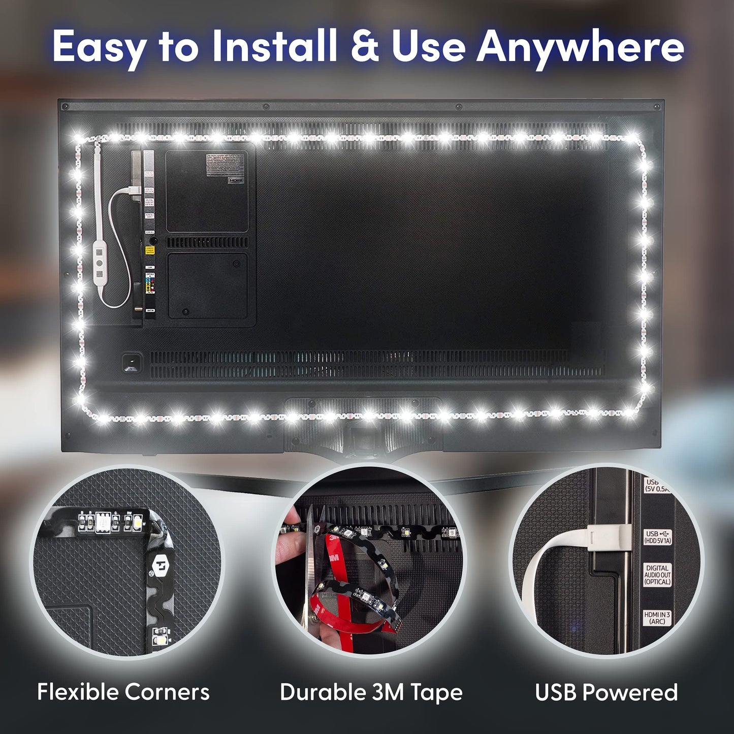 Luminoodle USB iluminación de polarización – Franja luminosa, luz ambiente para cine en casa, retroiluminación LED – 6500 K iluminación de acento para reducir la fatiga ocular, mejora contraste, Blanco, Medium (6.5 ft)