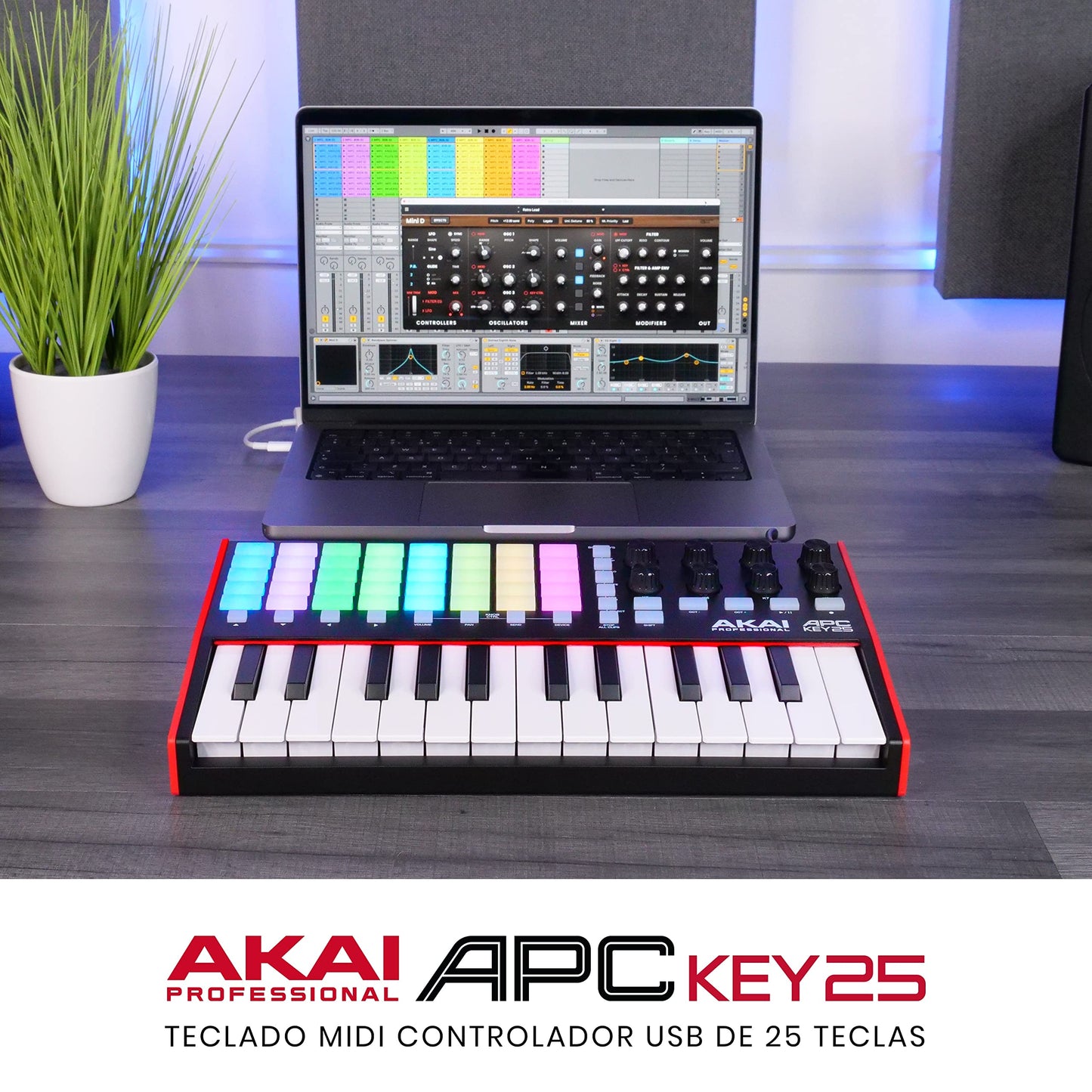 Akai Professional APC Key 25 MK2 - driver de teclado MIDI USB de 25 teclas para lanzamiento de clips con Ableton Live Lite, 40 almohadillas para orejas RGB y 8 perillas giratorias