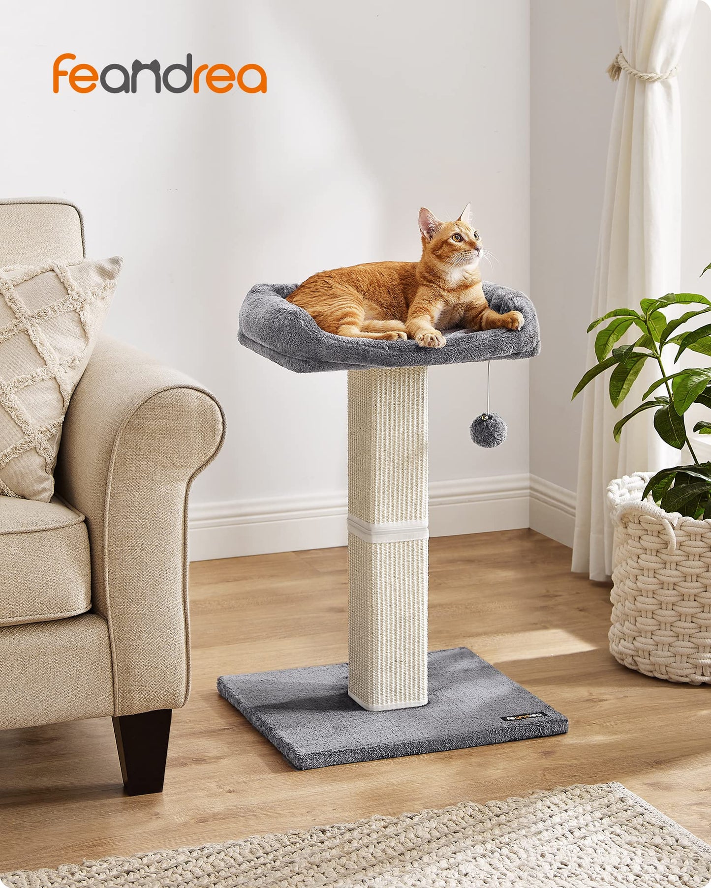 Feandrea Rascador para Gatos, Árbol para Gatos, Altura de 68 cm, Poste de Rascado con Plataforma, Poste de Sisal, con Pompón, Gris Claro MPCA022W01