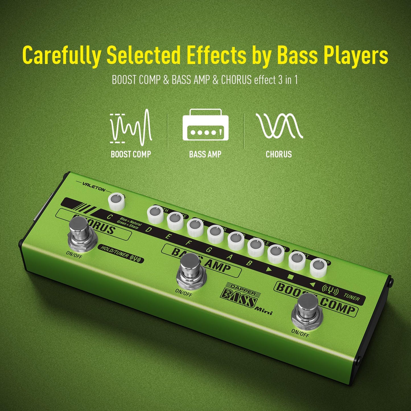Pedal de Efectos Múltiples Valeton Bass Verde Amplificador Analógico Boost Comp Chorus para Bajo