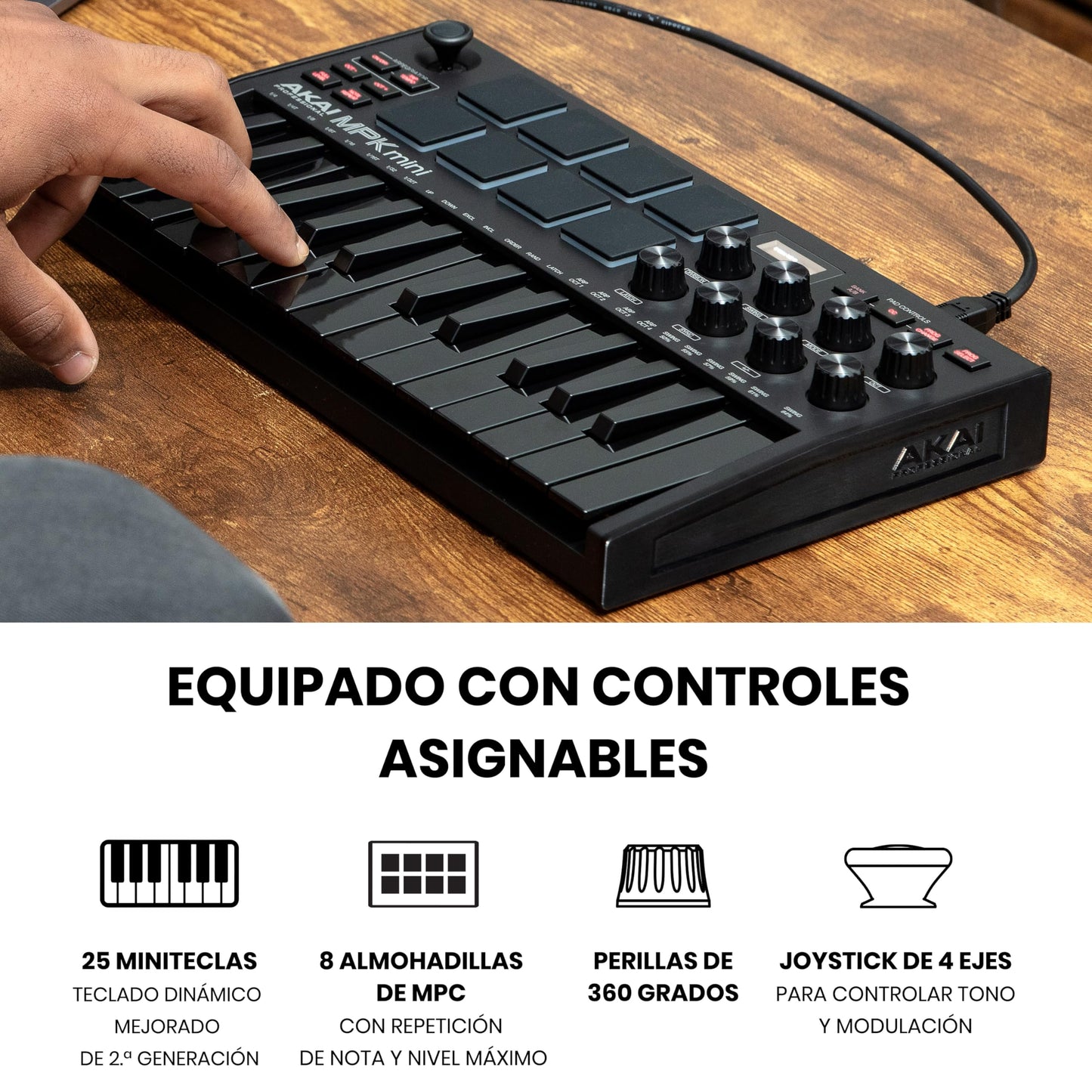 AKAI Professional MPK Mini MK3 - Teclado controlador MIDI USB de 25 teclas con 8 drum pads, 8 perillas y software de producción musical, negro