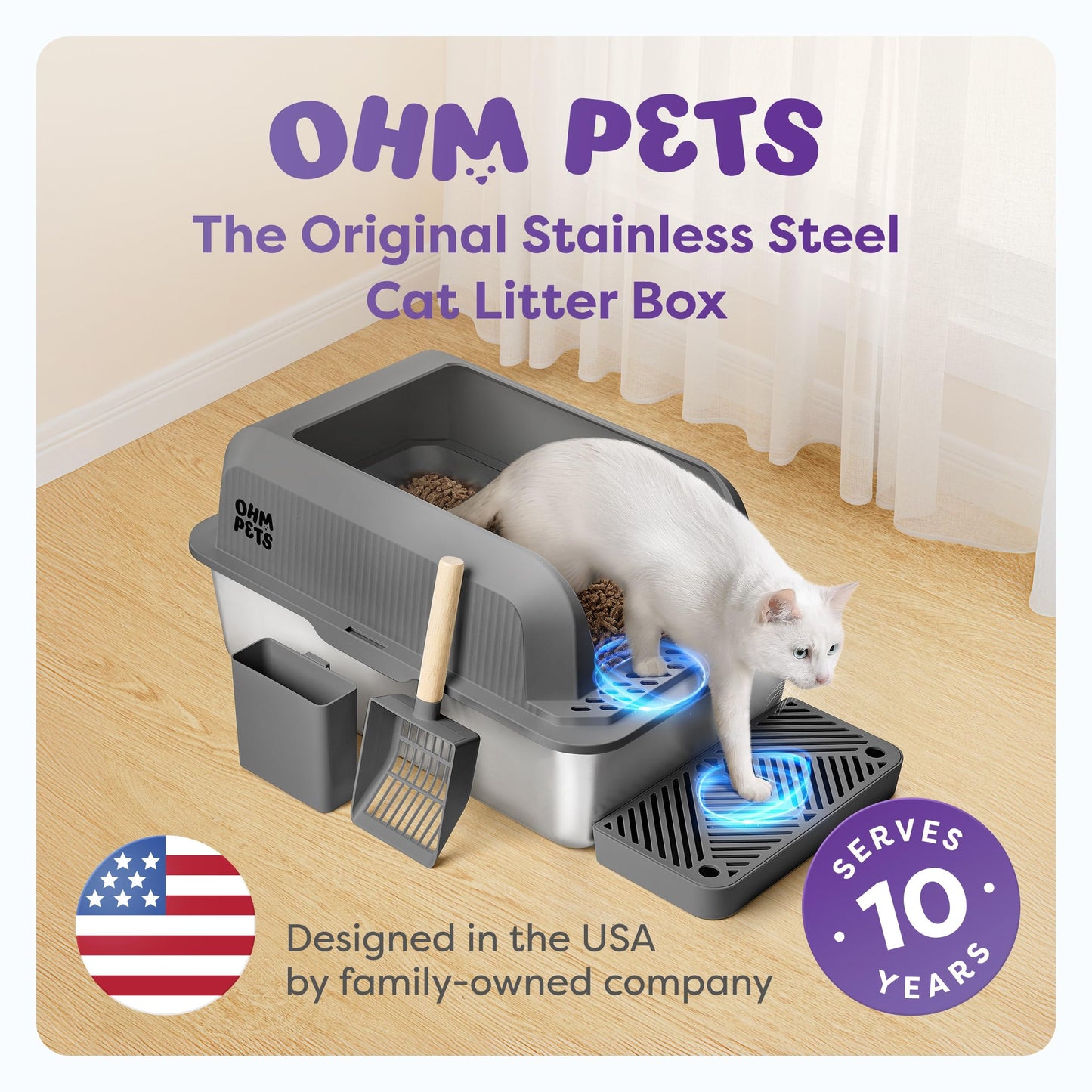 Caja de arena para gatos de acero inoxidable, extragrande