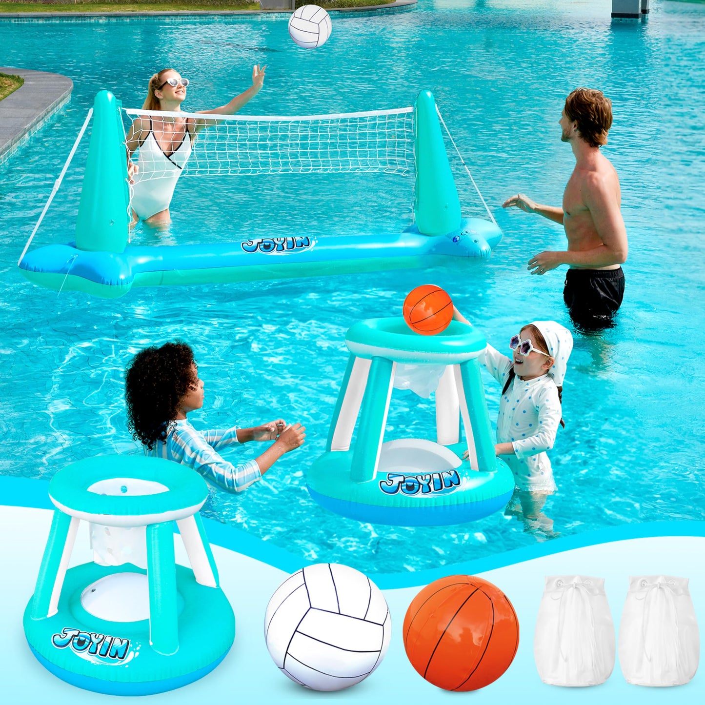 Juegos de Piscina inflables Red de Voleibol y básquetbol, Juguetes de natación Flotante para niños y Adultos, carrozas de Verano, canchas de Voleibol y Baloncesto