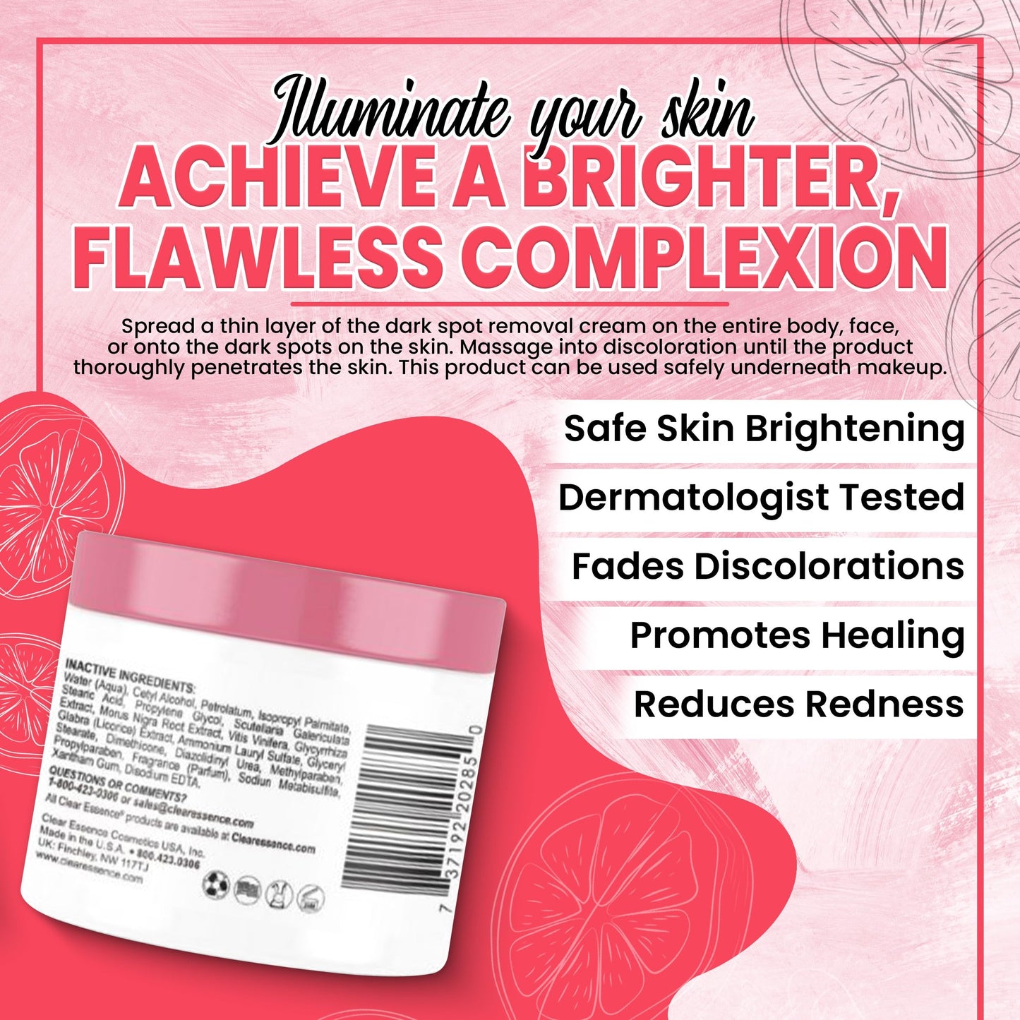 Clear Essence Exclusive Medicated Fade Creme With Sunscreen - Fade Cream For Dark Spots - Beauty Cream for Glowing Skin Complexion - Skin Care (4 Oz.)