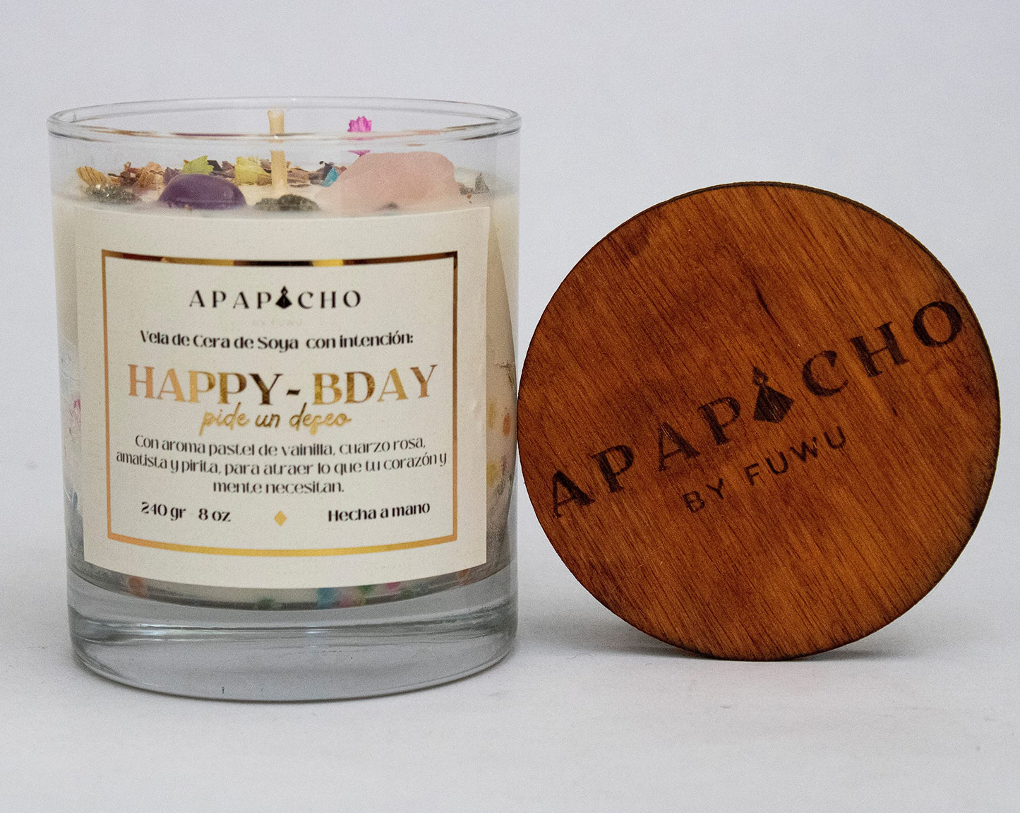 Fuwu, velas aromaticas relajantes Happy Birthday de cera de soya con cuarzos naturales, velas decorativas hechas a mano, aromatizantes para hogar, regalos de cumpleaños (Pastel de vainilla)