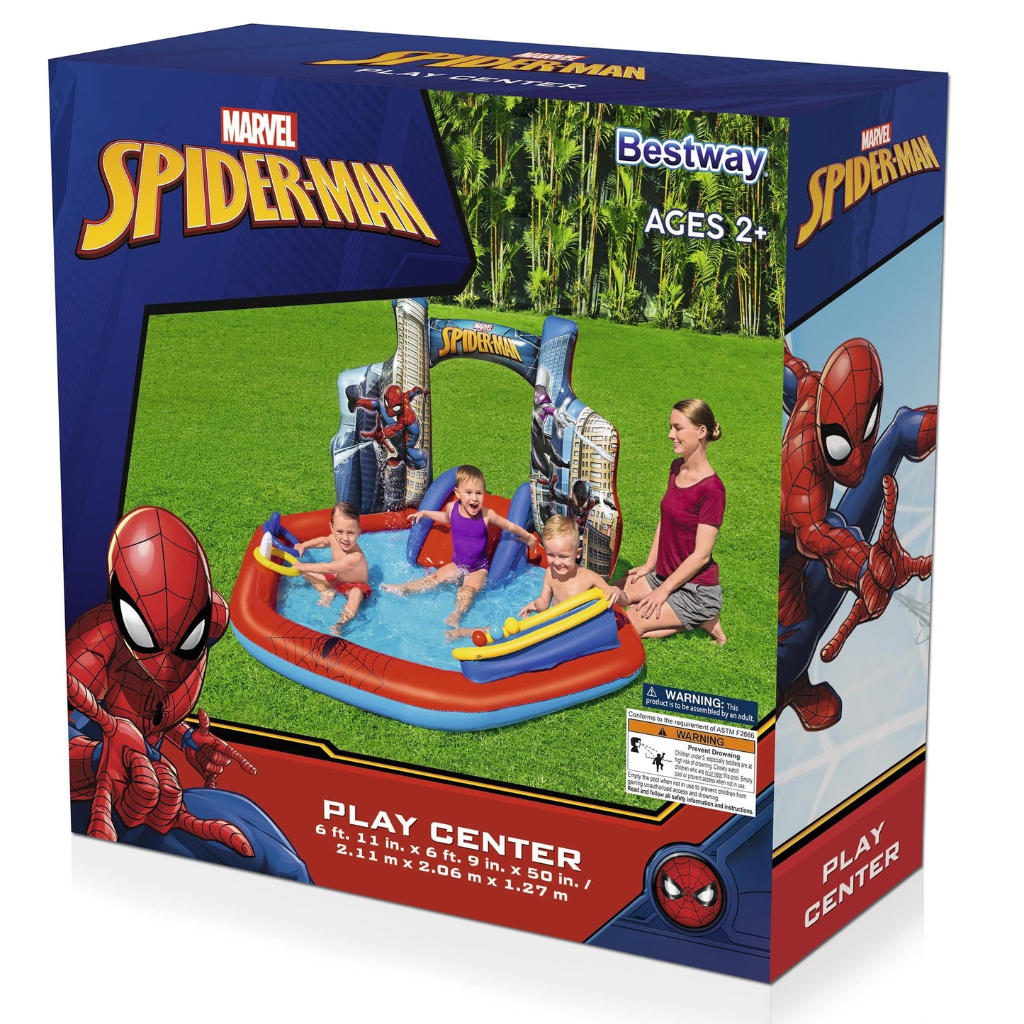 Bestway: Centro Inflable de Juego acuático Spider-Man, 6 pies 11 x 6 pies 9 x 50 Pulgadas, rociador de Arco Deslizante para Piscina, 6 Bolas, Anillo de superhéroe Marvel Toss, niño pequeño 2+