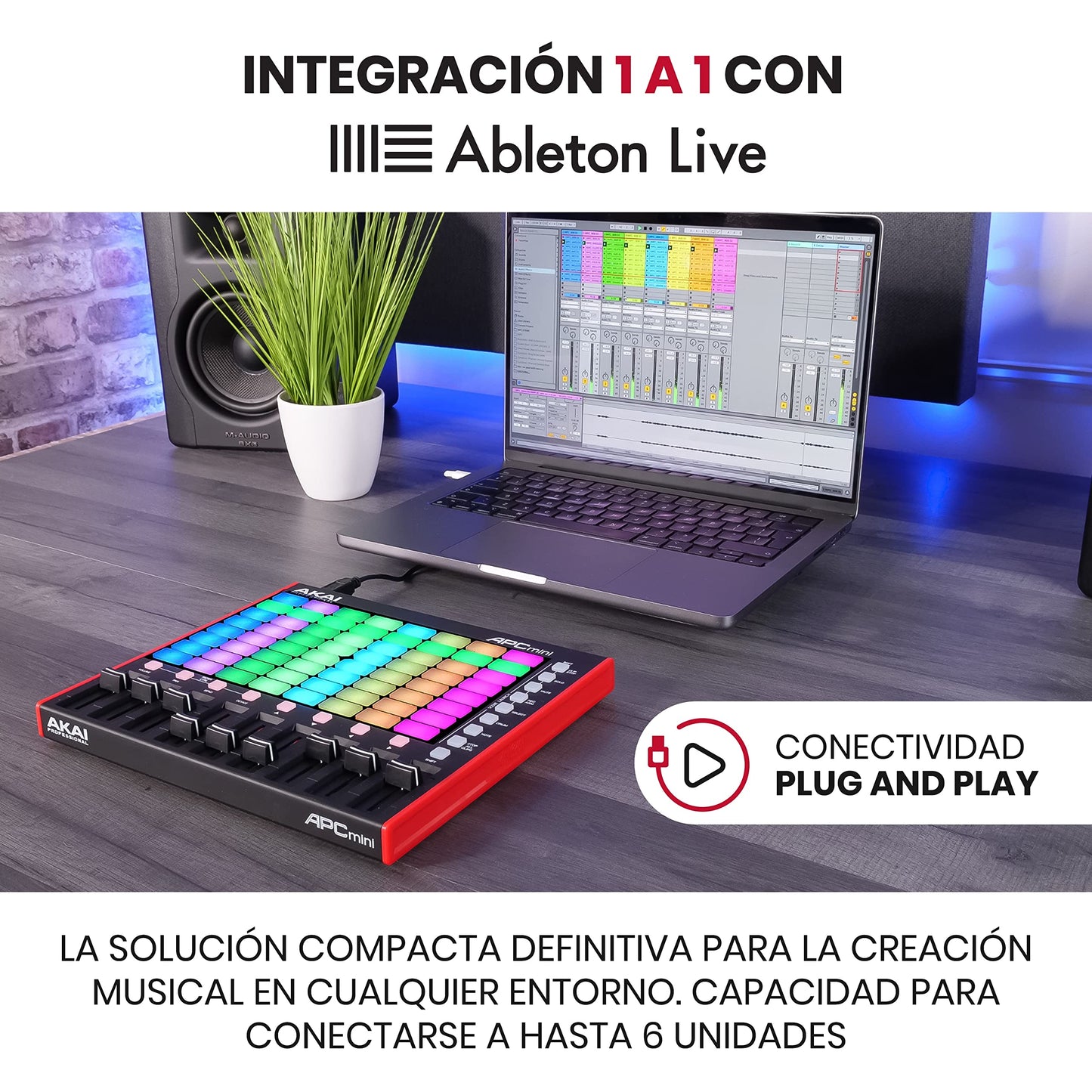 Akai Professional APC Mini MK2 - driver USB MIDI Pad para lanzamiento de clips con Ableton Live Lite, 64 almohadillas para orejas RGB, modo tambor y notas y mezclador MIDI