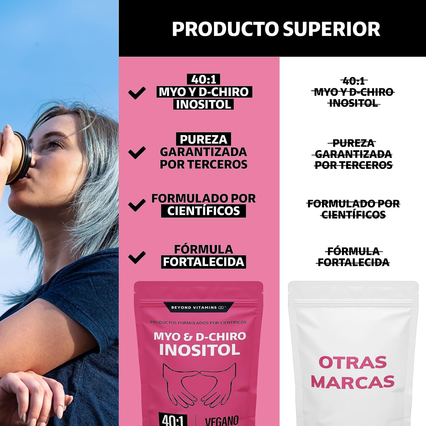 Inositol 40:1 | 60 días | Myo y D-Chiro Inositol fortificado con Zinc, Acido Folico, Inulina de Agave, Vitamina D3 y Seleniometionina | Vitaminas para mujer | (150 Gramos-60 porciones)