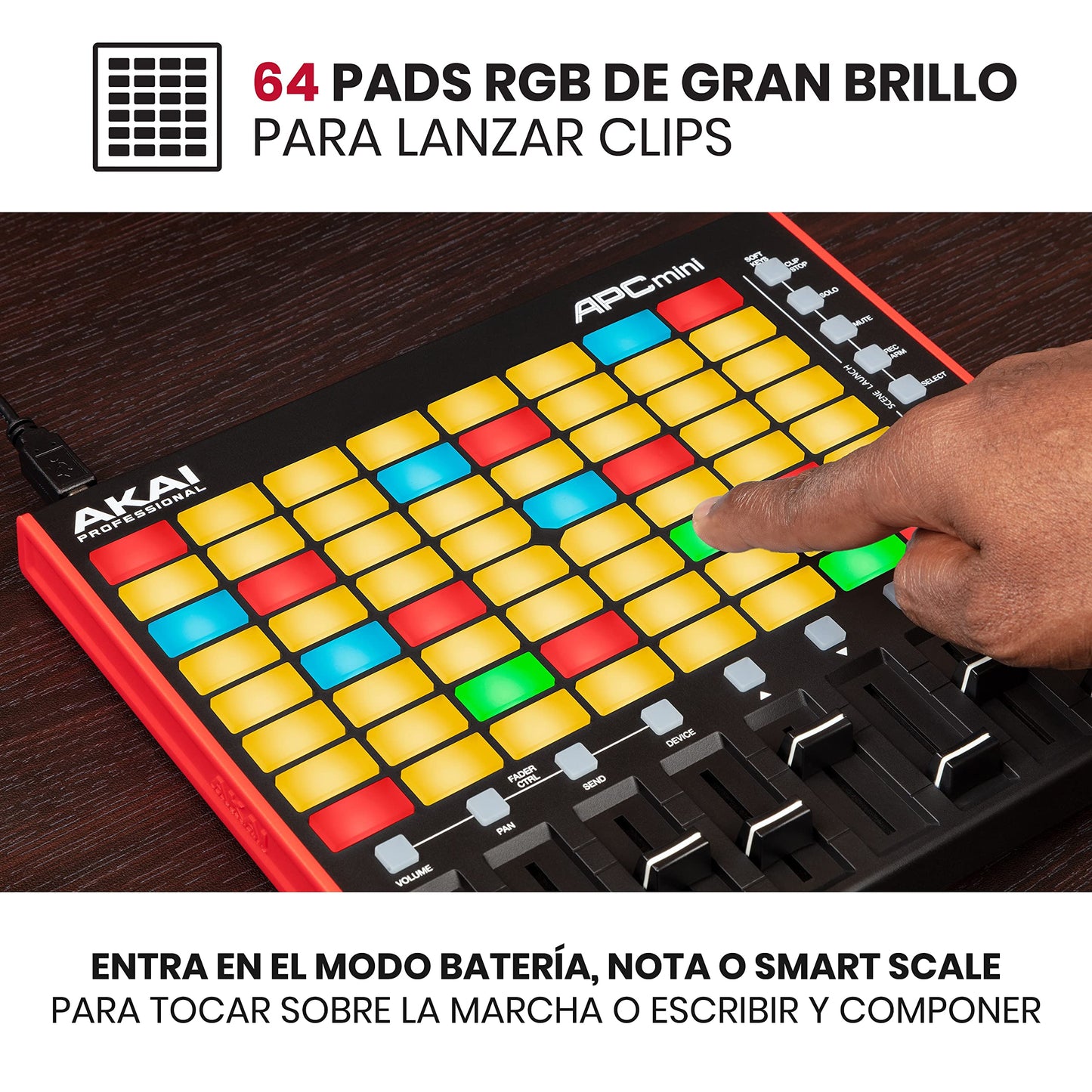 Akai Professional APC Mini MK2 - driver USB MIDI Pad para lanzamiento de clips con Ableton Live Lite, 64 almohadillas para orejas RGB, modo tambor y notas y mezclador MIDI