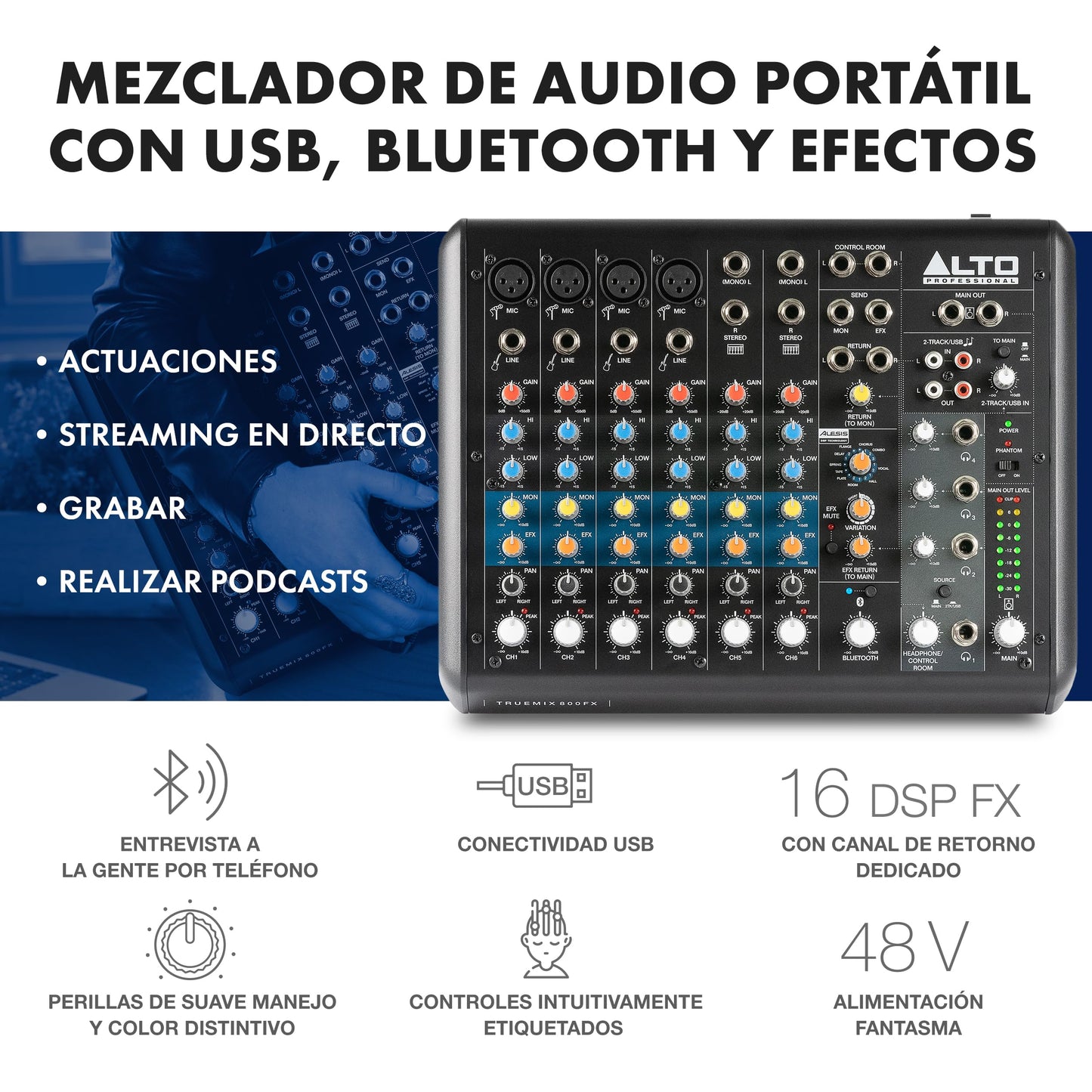 Mezcladora de Audio ALTO TrueMix 800FX Bluetooth para Podcasts y Grabación