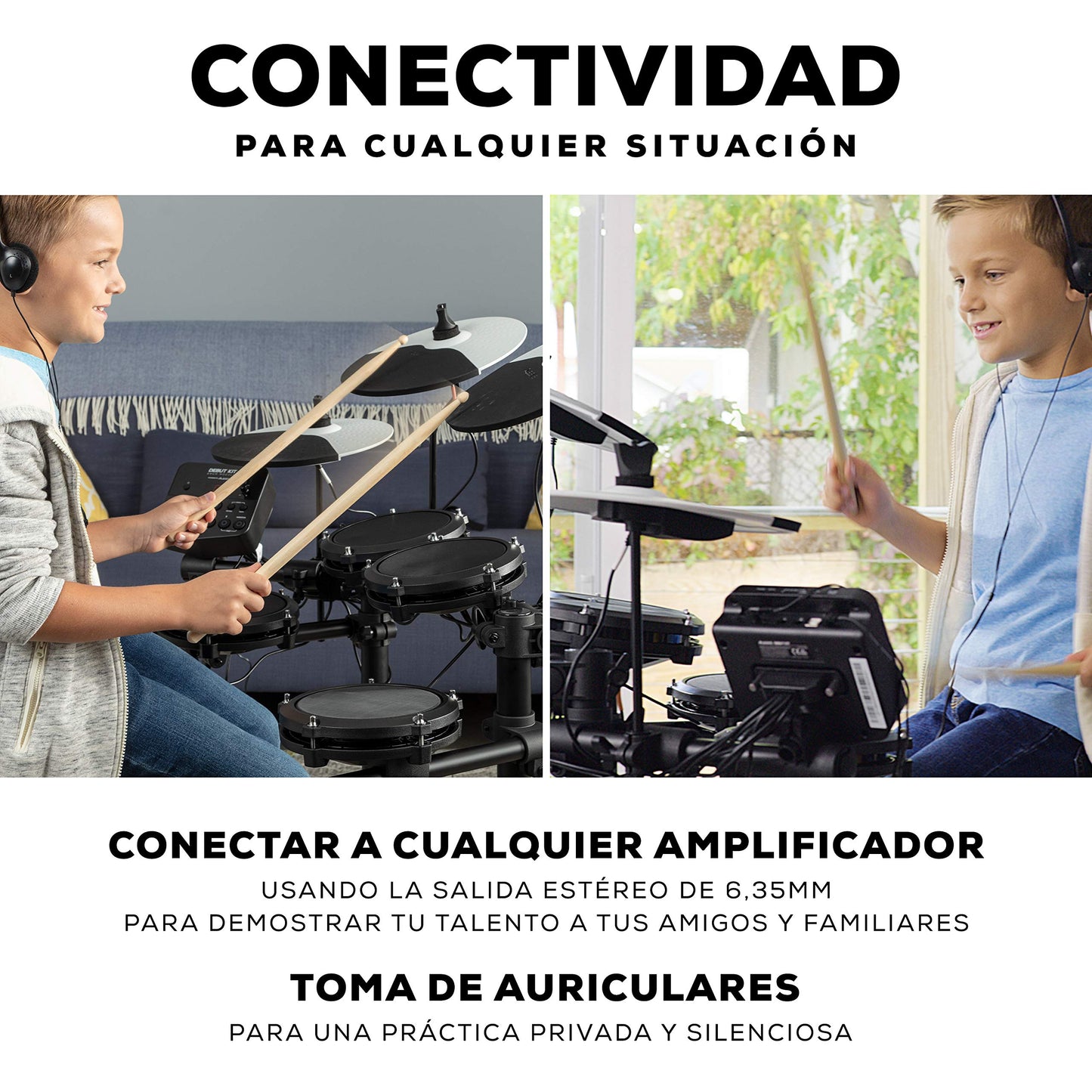 Alesis Debut Kit - Bateria electrica para niños con 4 parches de malla, 120 sonidos, 100 lecciones, taburete, baquetas, llave de batería y auriculares