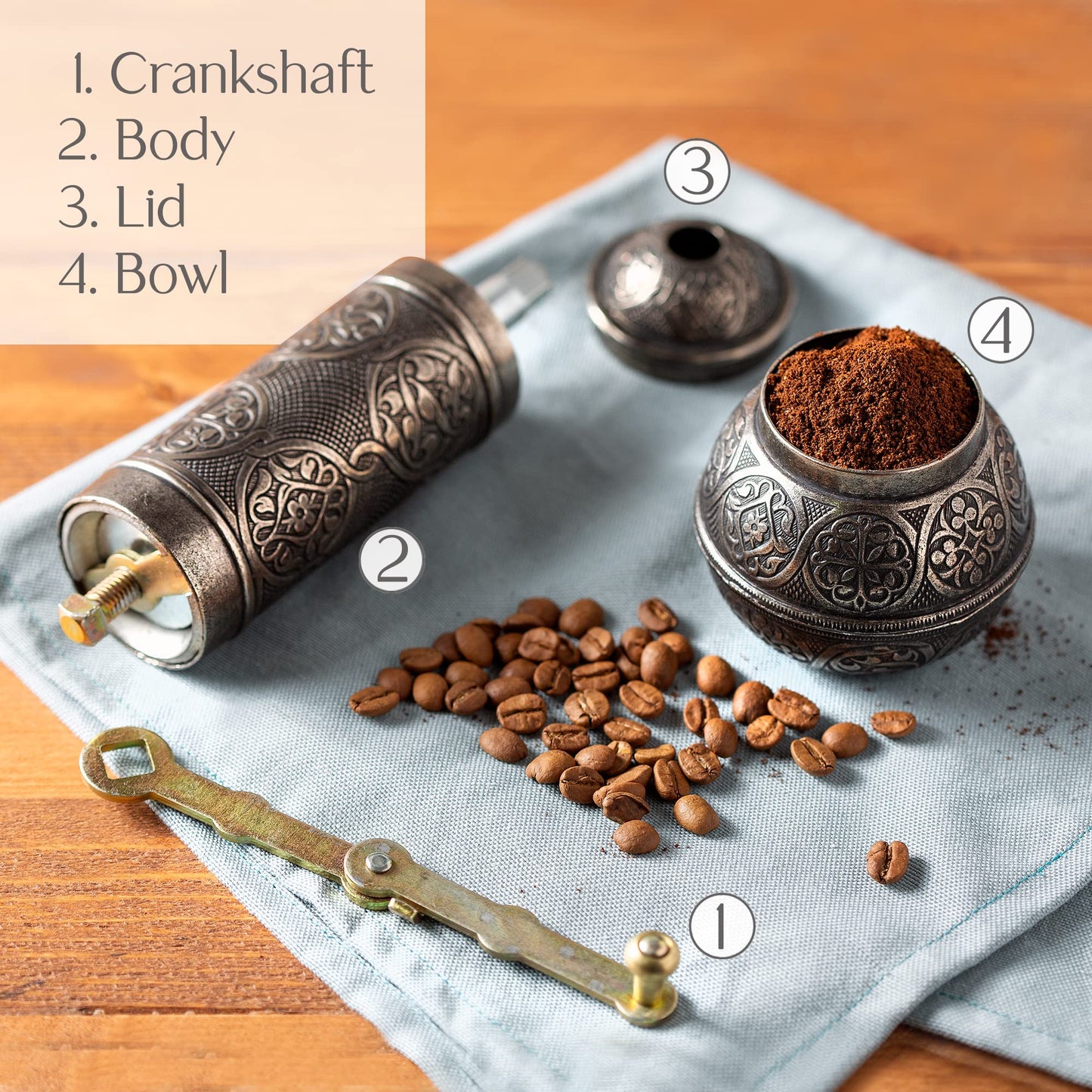 Crystalia - Molinillo de café recargable, auténtico molino manual con molinillo ajustable, molino de café antiguo con manivela, grosor ajustable