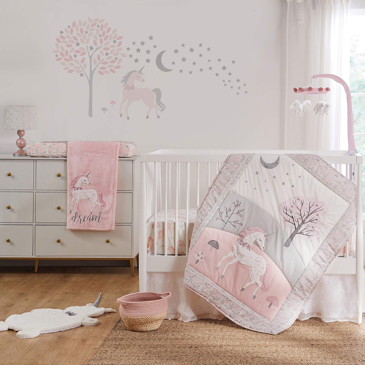 Levtex Baby - Funda para cambiador de pañales Colette, se adapta a la mayoría de los cambiadores estándar, felpa blanca, rosa y gris floral, accesorios de guardería, felpa