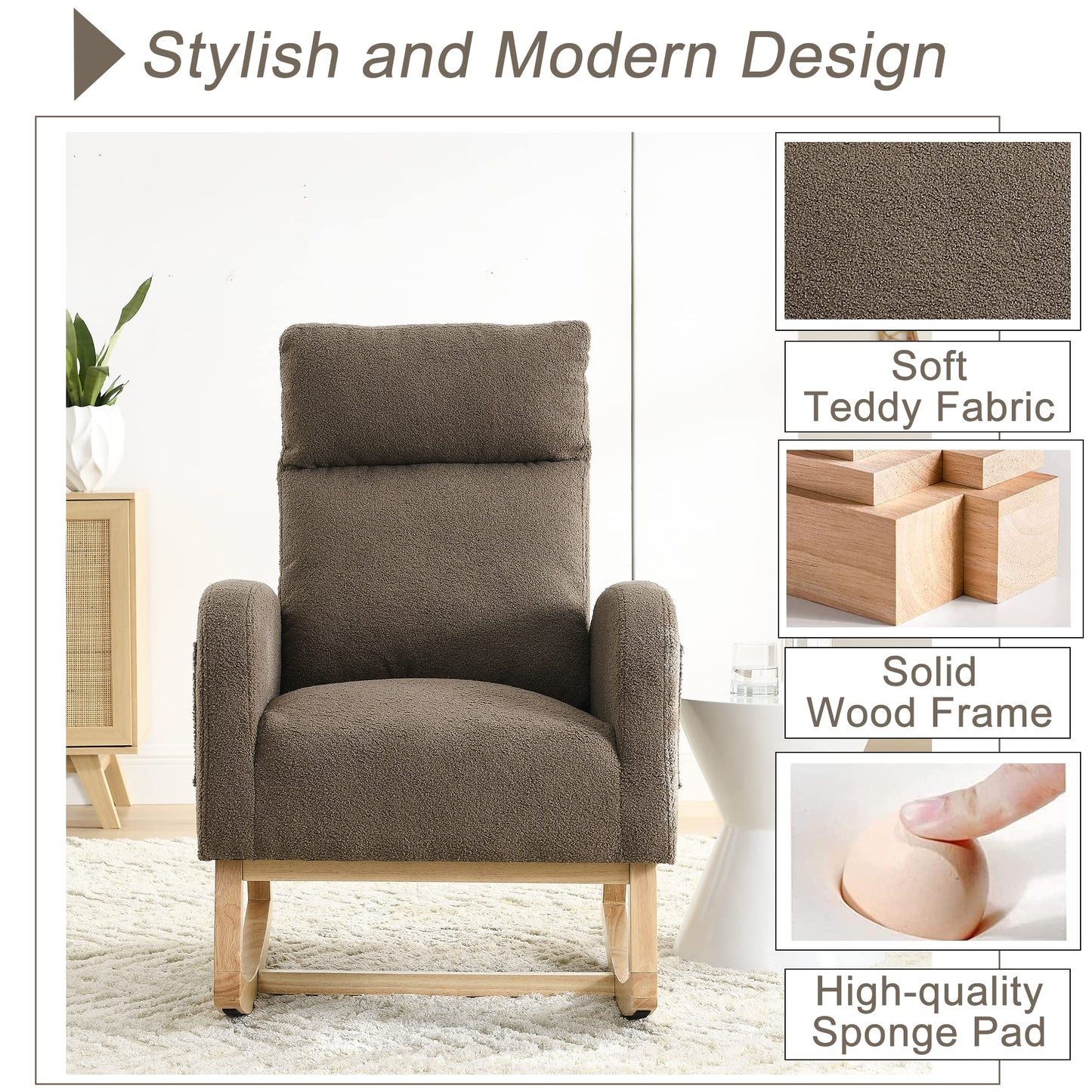 Krinana - Mecedora de guardería con patas de madera maciza, silla planeadora para guardería con dos bolsillos laterales, sillón basculante para sala de estar y recámara (café, tela de peluche)