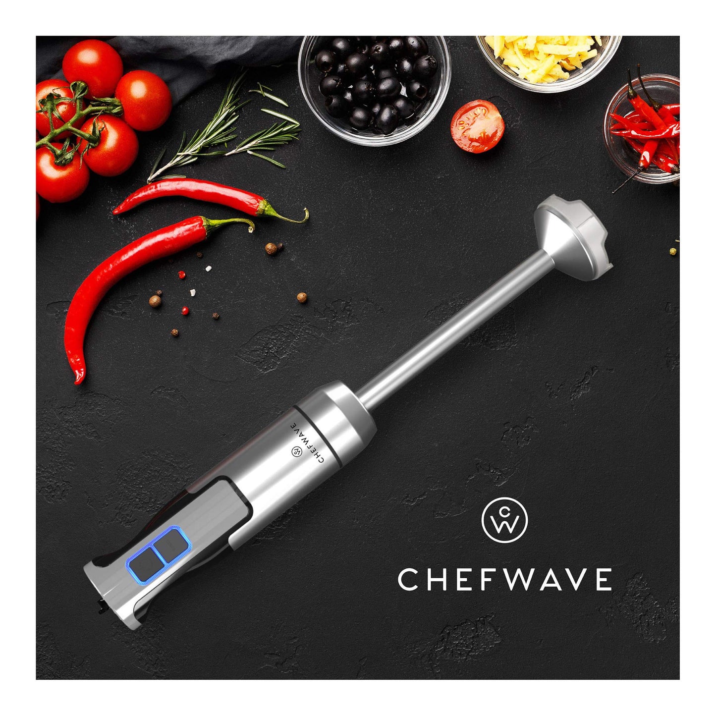 ChefWave - Batidora de inmersión intermixta de mano, 500 W 5 en 1, batidora de mano multiusos de 9 velocidades, vaso de 20 onzas, picador de 20 onzas, batidor de huevo, varitas de inmersión de 6.3