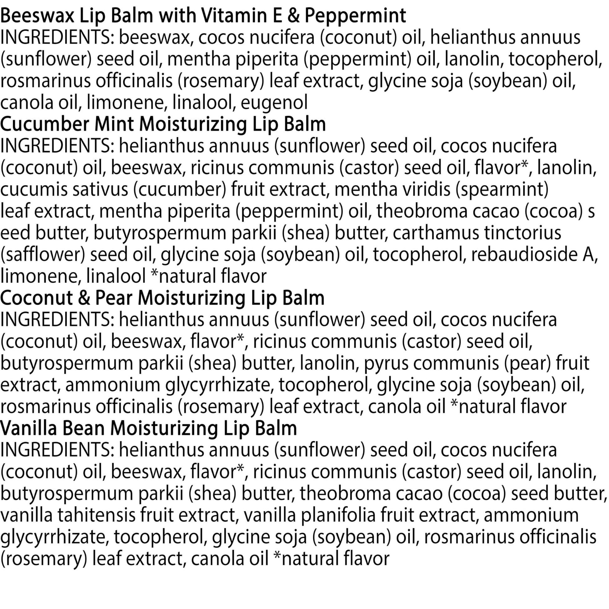 Burt's Bees - Bálsamo labial de cera de abejas, menta, pepino, coco y pera y vainilla, con cera de abejas de origen responsable, sin tinte, tratamiento labial de origen natural, 4 tubos, 0.25 onzas