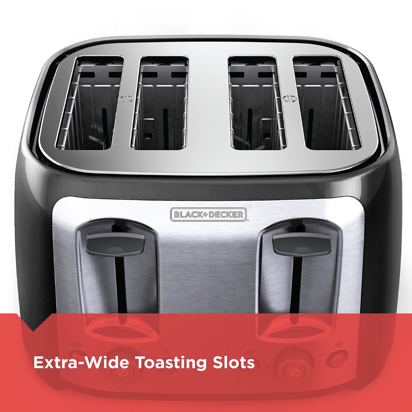 BLACK+DECKER tostador de 4 rebanadas, ranuras extra anchas, 7 ajustes de sombra, 1400 vatios, botones congelados y bagel, selector de sombra tostada, elevación adicional