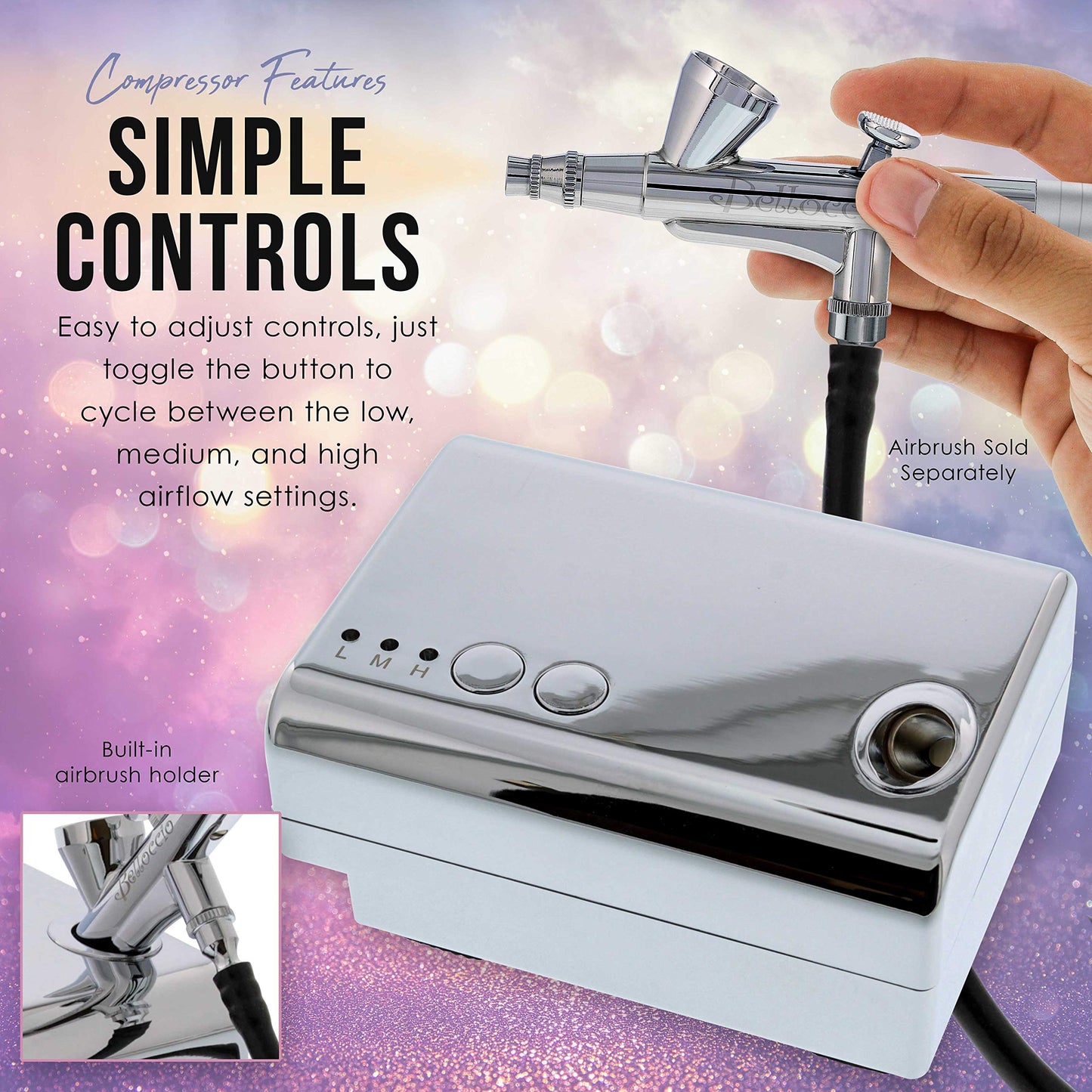 Super Quiet Mini Airbrush Compressor 3 Airflow Control Settings, 6' Push on Rubber Airbrush Hose, Operates at 12V DC with a 110V AC plug in Adapter by Belloccio