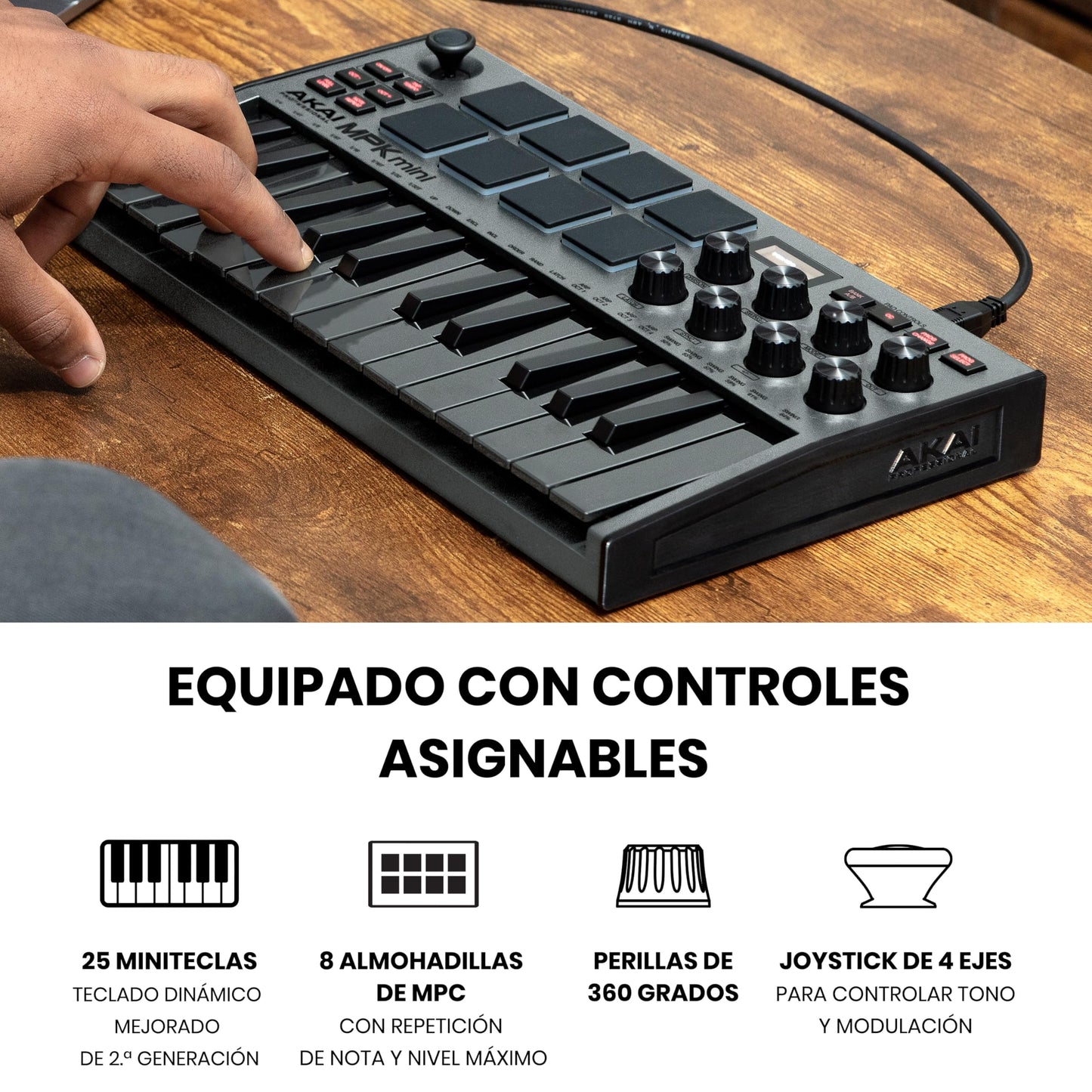 Akai Professional MPK Mini MK3 - Teclado Controlador MIDI USB de 25 Teclas con 8 Drum Pads, 8 Perillas, Software de Producción Musical y Native Instruments Sound Package (NKS Integration), Gris