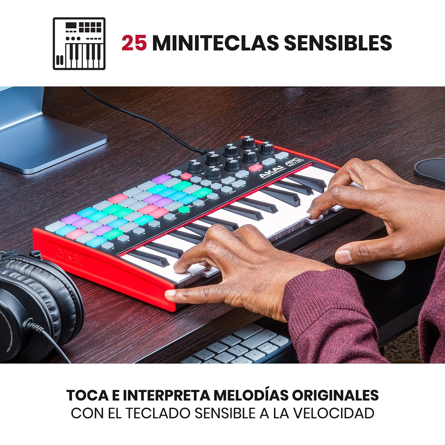Akai Professional APC Key 25 MK2 - driver de teclado MIDI USB de 25 teclas para lanzamiento de clips con Ableton Live Lite, 40 almohadillas para orejas RGB y 8 perillas giratorias