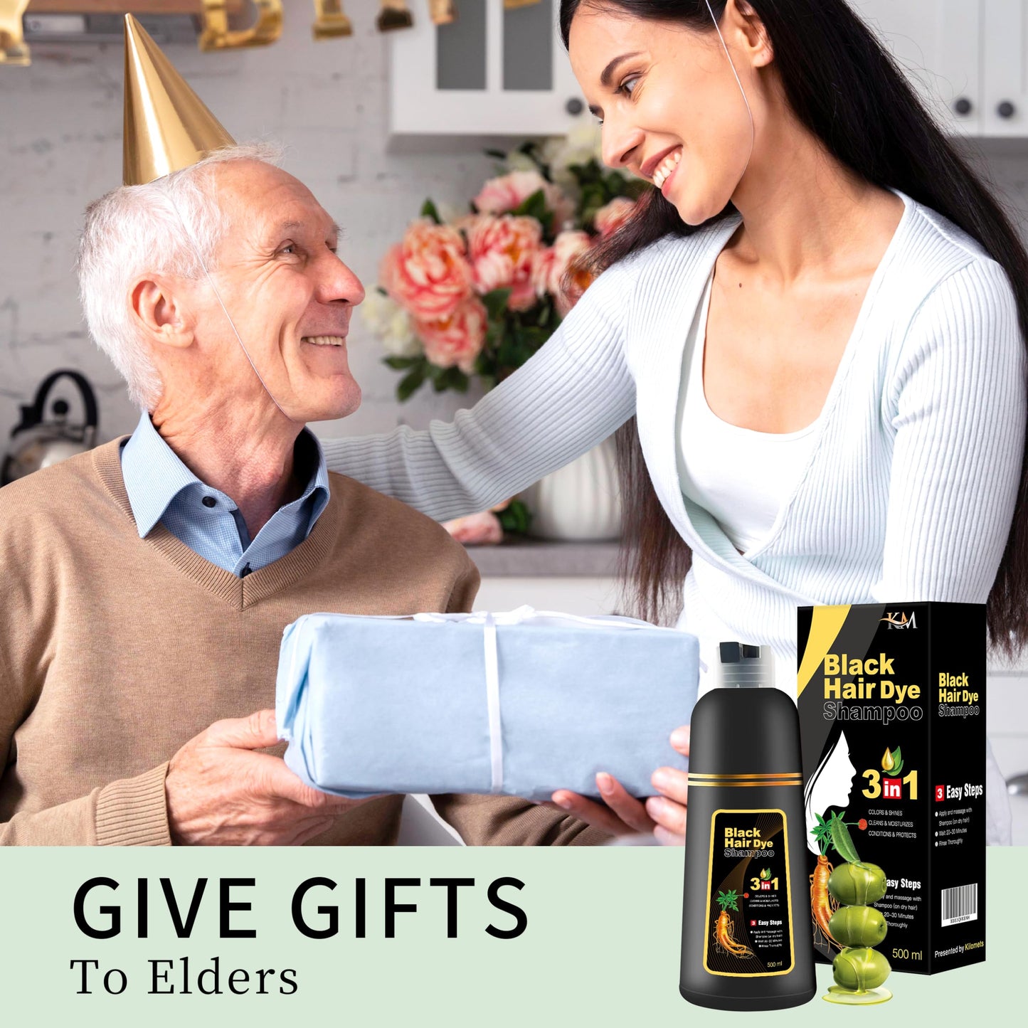 KILOMETS Champú para teñir el cabello negro: Champú Mágico de color para el cabello de mujeres - Cubre el 100% de las canas- Tinte 3 en 1 instantáneo. Con ingredientes herbales, fácil de usar, sin ensuciar, larga duración, libre de PPD y amoníaco. 500 ml