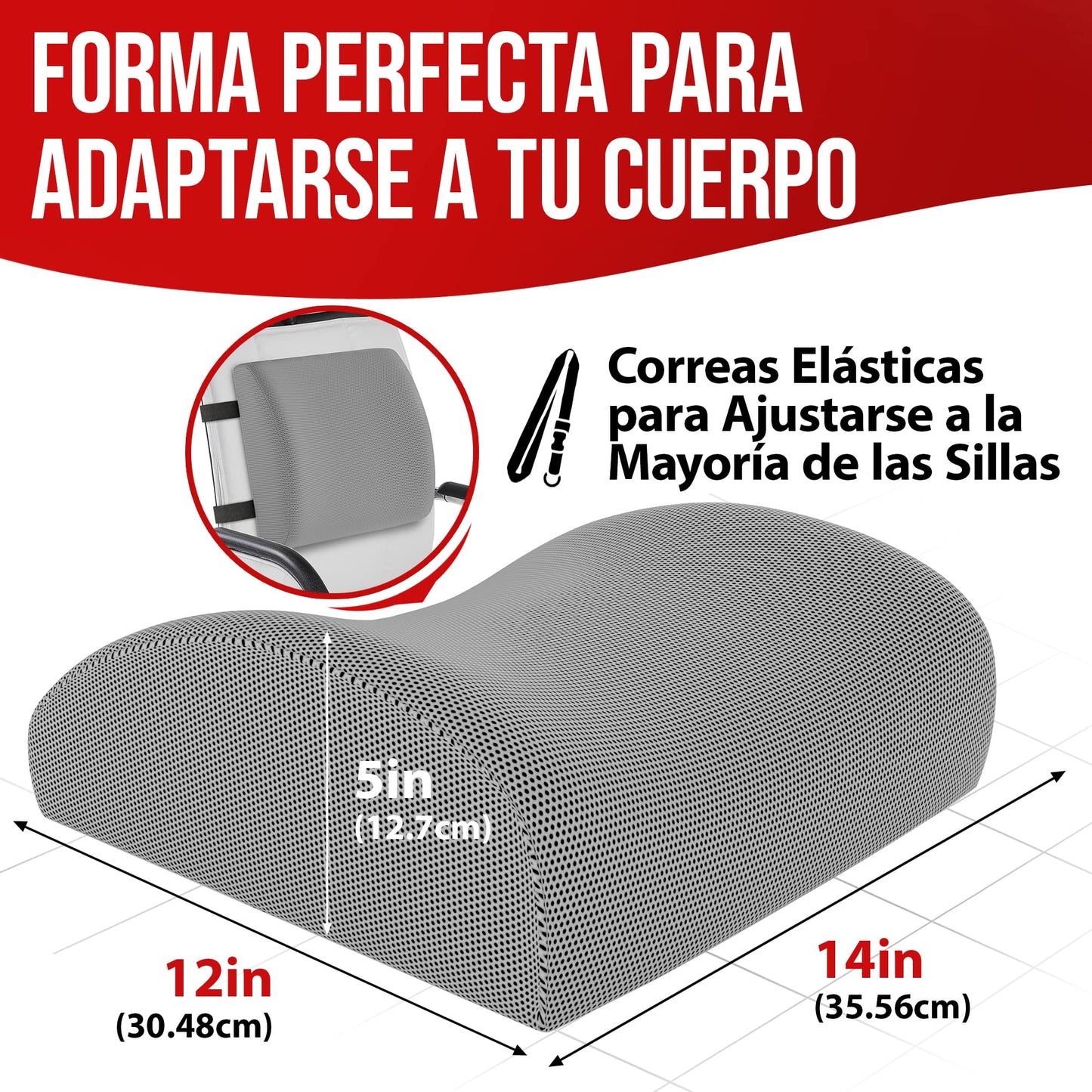 FORTEM Cojín Lumbar de Silla de Oficina, Almohada de Apoyo Lumbar, Cojín Lumbar para Silla de Escritorio, Almohada Viscoelástica para la Espalda, Funda Lavable (Gris Malla)