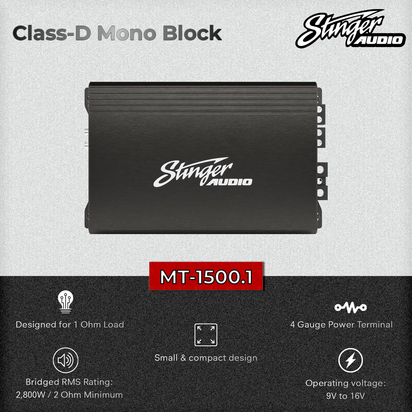Amplificador de Audio Monobloque Stinger Negro con Control Remoto de Graves para Coche