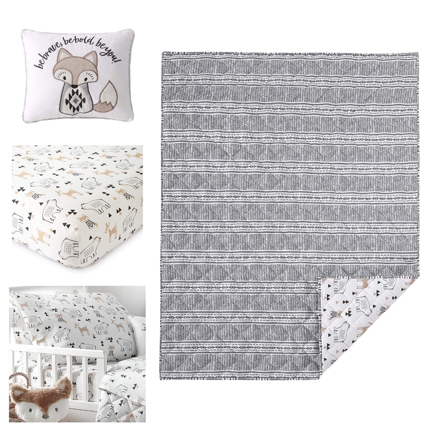 Levtex Baby Bailey Bear, animales, bosque, carbón, beige, blanco, juego de 5 piezas para niños pequeños, ropa de cama neutra para niños, edredón reversible, sábana bajera, sábana encimera, funda de