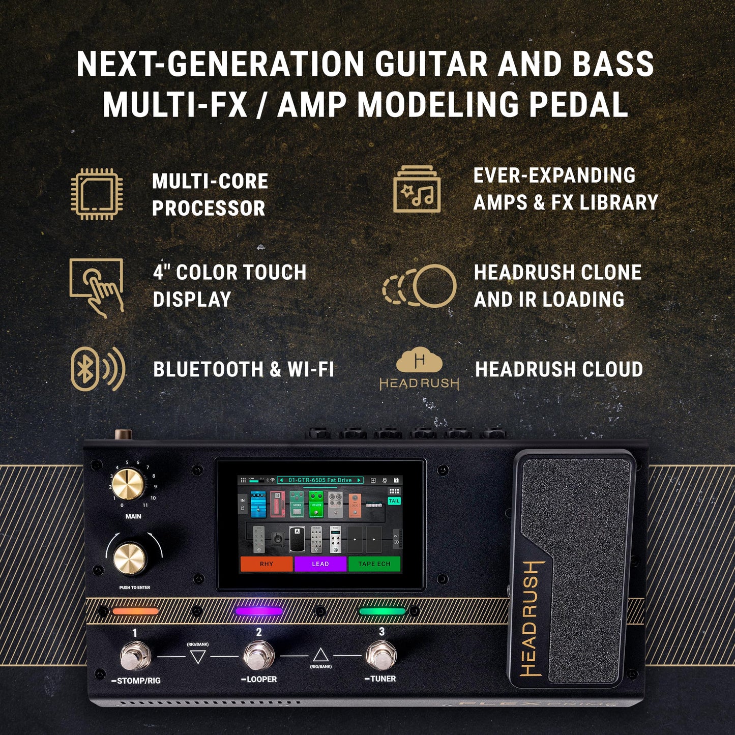 HeadRush Flex Prime - Pedal Multiefectos para Guitarra y Bajo y Procesador de Modelado de Amplis con Pantalla Táctil, Looper, WiFi, Bluetooth y USB