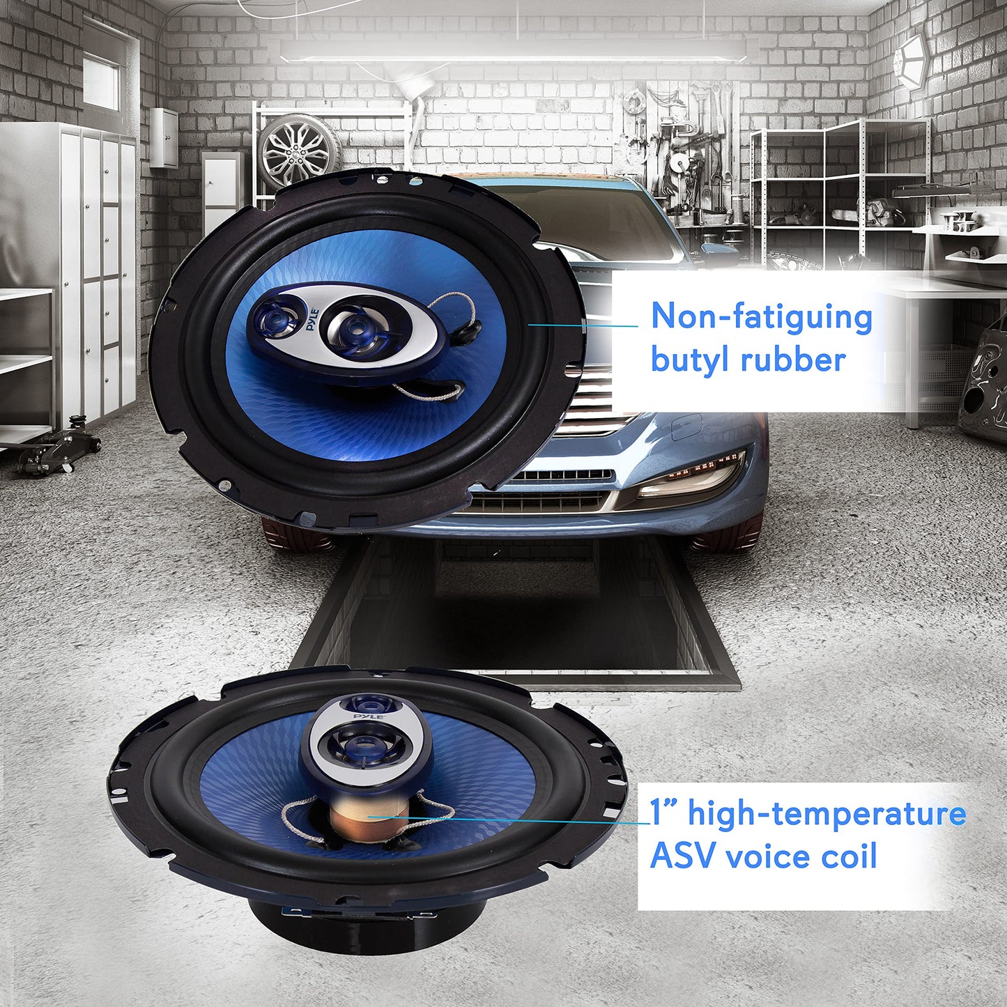 Pyle Bocinas de 6.5 pulgadas para coche estéreo - 180W RMS / Potencia de 360W. Impedancia 4 Ohmios. Tweeter Piezoeléctrico de 3/4 Pulgada. Triaxial de Rango Completo. Forma Redonda, Azul. 2 Pzas