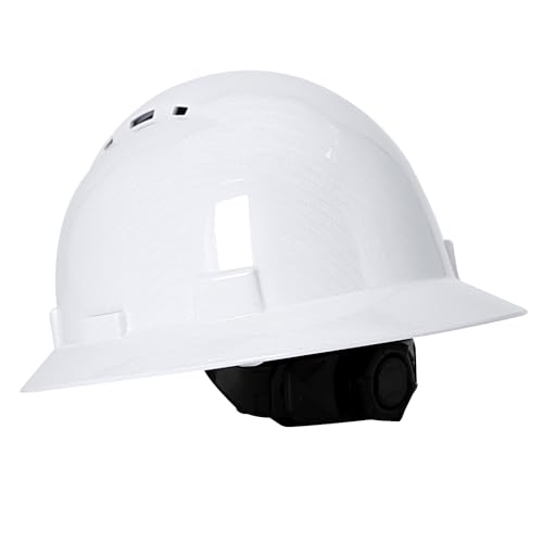 Casco de ala completa de fibra de carbono blanco brillante con gafas de seguridad y forro para hombres y mujeres, OSHA construcción, casco de seguridad con correa de barbilla y visera solar