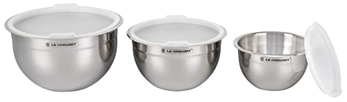 Le Creuset - Juego de 3 cuencos para mezclar anidados con base de silicona antideslizante y tapas herméticas de plástico, tamaño grande, acero inoxidable