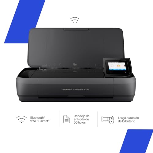 HP Impresora OfficeJet 250 Portátil, Todo-En-Uno, Color, Wi-Fi, Bluetooth, Smart App, Imprime, Copia y Escanea, Negro (CZ992A)