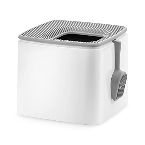 Caja de Arena para Gatos IRIS USA Blanco Gris de Alta Calidad con Entrada Superior y Control de Olores