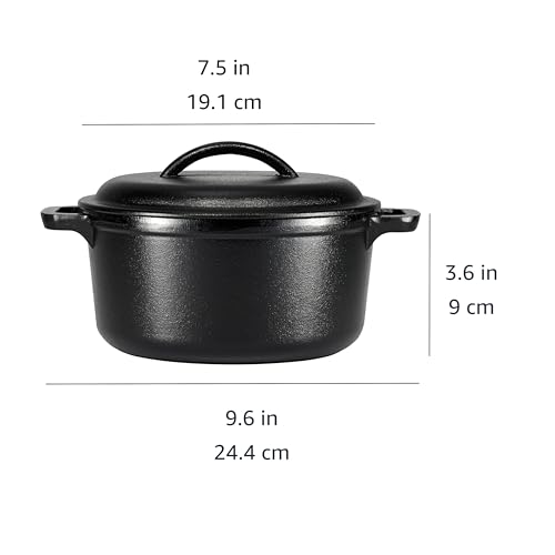 Amazon Basics - Horno holandés de hierro fundido presazonado con doble asa, 2 cuartos