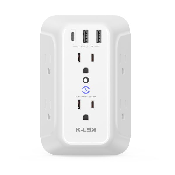 Multicontacto KELEK Blanco 6 Salidas con Puertos USB-A y USB-C y Supresor de Picos para Hogar, Oficina, Dormitorio