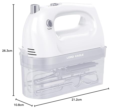 Lord Eagle - Mezclador de mano eléctrico de 400 W, 5 velocidades, 5 accesorios de acero inoxidable para hornear pasteles, crema de huevo, batidor de alimentos, Turbo Boost/velocidad de autocontrol +