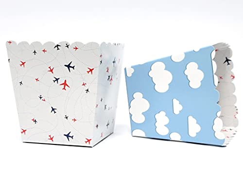 Cajas de aperitivos con temática de avión, para viajes, aventuras, suministros de fiesta de cumpleaños para niños, fiestas de piloto, temas de nubes, juego de 12 cajas reversibles para palomitas de maíz festoneadas
