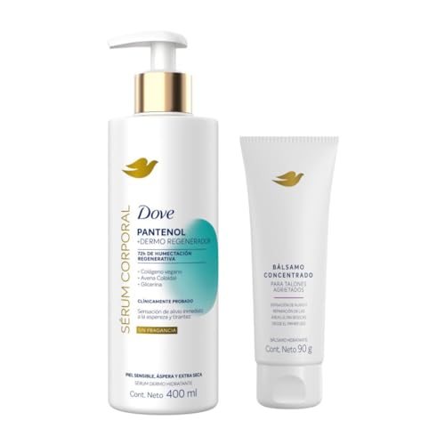 Dove Kit Piel Sensible, Sérum Corporal Pantenol para piel sensible, áspera y extra seca, alivia y restaura la humectación natural de la piel 400 ml + Bálsamo Concentrado Para Talones Agrietados Tratamiento avanzado para piel extra seca y áspera. Ayuda a a