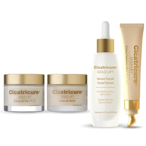 CICATRICURE 4 PACK GOLD LIFT, Crema de Día 50g + CICATRICURE GOLD LIFT, Crema de Noche 50g + CICATRICURE GOLD LIFT Serum Facial con EFECTO TENSOR 27ml + CICATRICURE GOLD LIFT, Ojos y Boca 15g