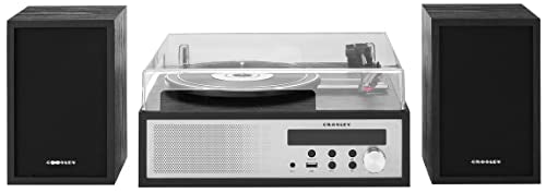 Crosley CR7022A-BK Sloane - Tocadiscos Bluetooth de 3 velocidades y Sistema de Estante de Radio FM con Altavoces estéreo a Juego, Color Negro