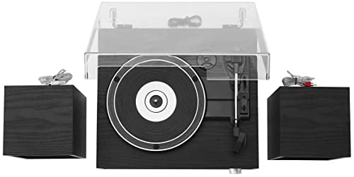 Crosley CR7022A-BK Sloane - Tocadiscos Bluetooth de 3 velocidades y Sistema de Estante de Radio FM con Altavoces estéreo a Juego, Color Negro
