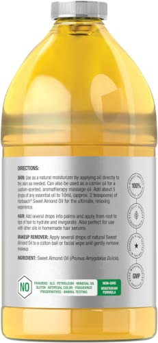 Horbaach Sweet Almond Oil 64 fl oz 100% Pure €" for Hair, Face & Skin €" Expeller Pressed €" Vegetarian, Non-GMO