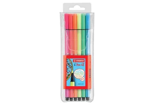 Bolígrafo de punta de fieltro de alta calidad STABILO Pen 68 – portafolios de 6 – Colores neón
