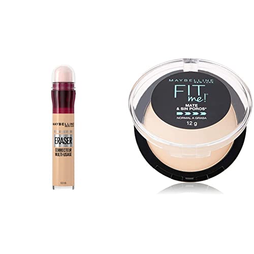 Maybelline Corrector de Maquillaje Instant Age Rewind, Light, 6 g + Super Natural Polvo Compacto Matte, 220 Nat Beige, 12 gr