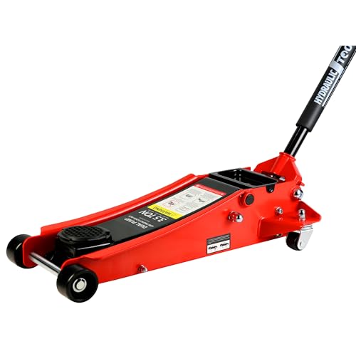 Jack de piso, de acero de perfil bajo, para carreras de carretilla hidráulica, con bomba de elevación rápida de doble pistón, capacidad de 3.5 toneladas, rango de elevación de 4 a 21 pulgadas, rojo