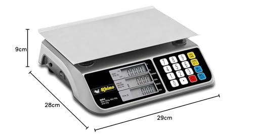 RHINO, Báscula Digital Comercial, 20 kg, Pantallas de Usuario y Cliente, Función de Conteo de Piezas, Precio Neto,10 Memorias en Teclado para Productos con Mayor Desplazamiento, BAR-6