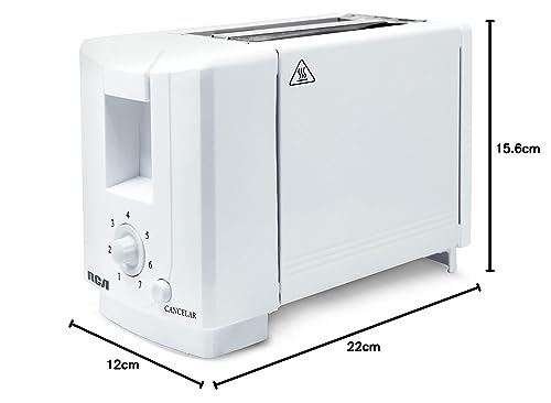 Tostador de Pan RCA, 2 ranuras, siete niveles de temperatura, boton para cancelar, bandeja de residuos extraible, blanco, modelo RC-T1